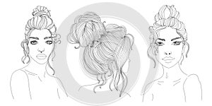 woman portrait line art illustration set messy bun girl ink pen drawing bundle beautiful woman sketch black and white hairstyle