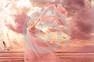 Woman Portrait in Long Dress on Sea Coast, Fantasy Girl Pink Gown in Storm Wind