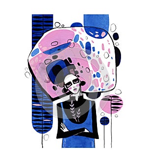 Woman portrait in modern futuristic style in classic blue pantone 2020 and pink colors with black ink.