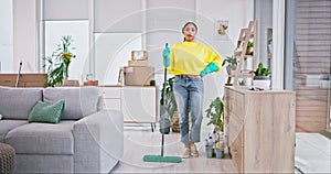 Woman, portrait and mop for cleaning in house for hygiene routine, dirt and bacteria disinfection. Equipment, basket and