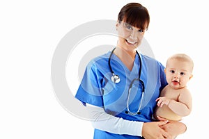 Woman, portrait and nurse with baby in studio isolated on white background mockup. Face, healthcare or happy medical