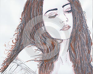 woman portrait  original drawings painted with watercolor on paper