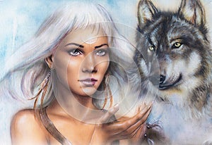 Woman portrait with ornament tattoo on face with spiritual wolf and feathers jewelry. Painting.