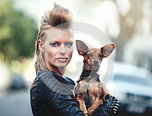 Woman, portrait and punk fashion with pet, edgy and rock n roll for cool in funky clothes and care for chihuahua dog