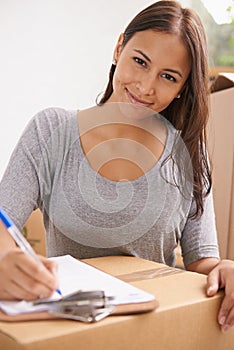 Woman, portrait and signature for package, delivery and shipping order with paperwork and parcel. Cardboard box, sign