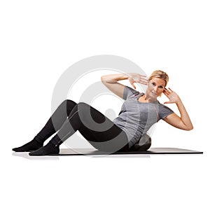 Woman, portrait and sit up with exercise ball for abs obliques workout, fitness or white background. Female person, face