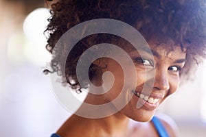 Woman, portrait and smile in fashion with bokeh, natural beauty and casual outfit in summer. African person, face and