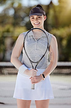 Woman, portrait smile and tennis for sports exercise, training or workout at the court outdoors. Female smiling in sport