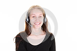 Woman portrait of smiling cheerful young support phone operator in headset isolated over white background