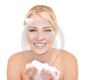 Woman, portrait and soap on face for skincare with glycerine, peptides and foam for clear skin. Female person, white