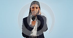 Woman, portrait or tv reporter in studio talking, speaking on talk show or media on blue background. Breaking news