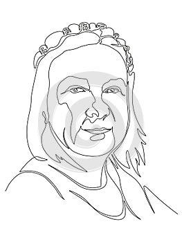 Woman portrait with a wreath on her head. Editable vector image made in continuous one-line art technique