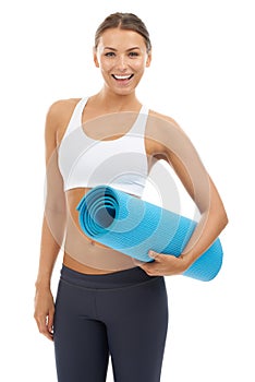 Woman, portrait and yoga mat for health fitness in studio for flexibility, exercise or training. Female person, face and
