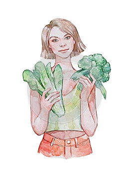 Woman posing with cabbage and broccoli