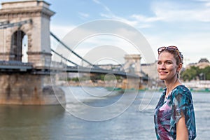 Woman posing at Chain Bridge, Budapest, Hungary