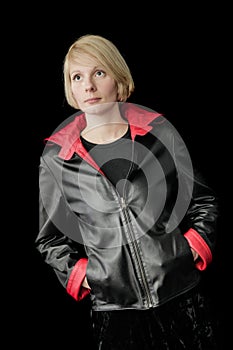 Woman Posing with a reversible Leather Jacket photo
