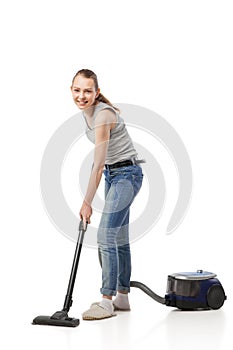 woman posing with vacuum cleaner over white