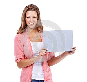 Woman, poster and mockup space in portrait, studio and blank billboard for announcement and deal. Happy female person