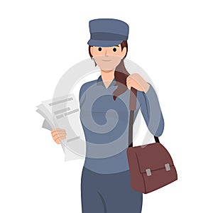 Woman postman delivers newspapers and fresh press with news or letters for residents of city
