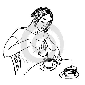 Woman pouring cream in coffee, piece of cake with cherry on the table, hand drawn doodle, sketch