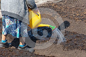 Woman pours water from the watering can of the garden