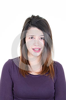 Woman pouting grimace scowl making face on white background