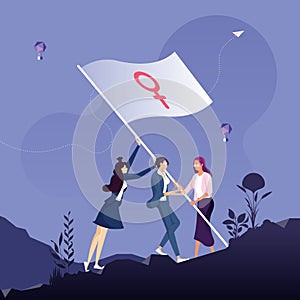 Woman power and feminism concept-Group of female standing together and waving the flag with a Venus sign