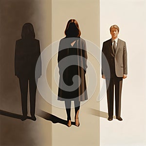 A woman in a power suit standing between two ominous shadows one labeled Men and one labeled Women.. AI generation