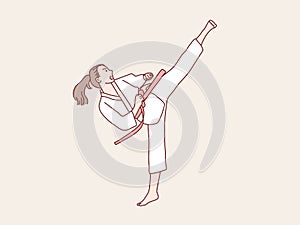Woman practice karate red belt do high kick training simple korean style illustration