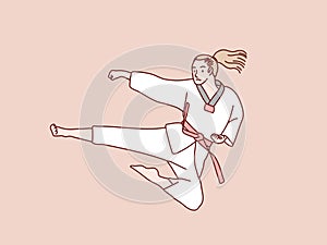 Woman practice karate red belt do jump kick training simple korean style illustration