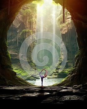 woman practice yoga near waterfall in cave with light rays