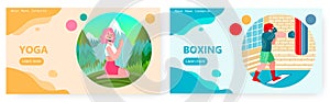 Woman practice yoga in outdoor nature landscape. Man workout in boxing gym. Vector concept illustration. Meditation with