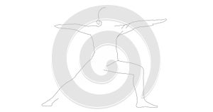 Woman practices Ashtanga Vinyasa Yoga asana Virabhadrasana 2 warrior pose.