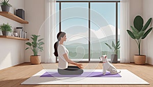 Woman practices yoga, dog nearby, home setting. Cartoon style, lifestyle depiction, interior scene. Meditation and sport