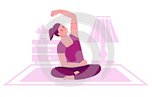 Woman practices yoga at home. Home interior. The concept of home fitness and healthy lifestyle. Vector illustration in flat