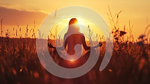 Woman practices yoga and meditates on the nature