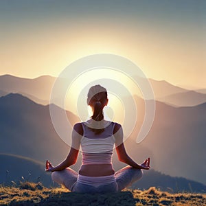 Woman practices yoga and meditation in the mountains at sunset, generative AI