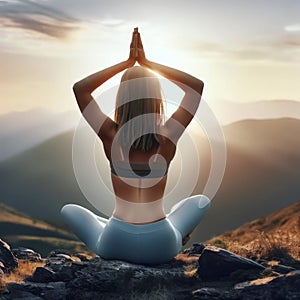 Woman practices yoga and meditation in the mountains at sunset, generative AI