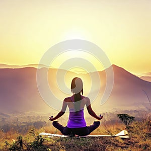Woman practices yoga and meditation in the mountains at sunset, generative AI