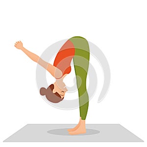 Woman practices yoga on a white background, isolated