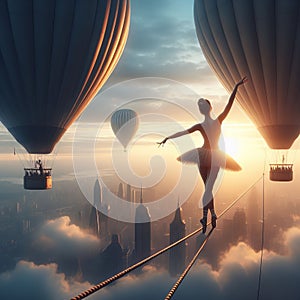 A woman practicing ballet on a tightrope strung between two ht photo