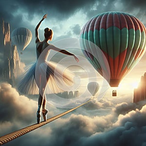 A woman practicing ballet on a tightrope strung between two ht photo