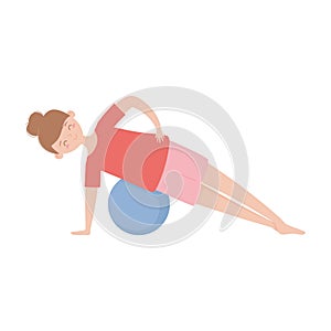 Woman practicing excercises fitness ball isolated icon on white background