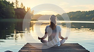 Woman practicing flexible yoga poses and mindful spiritual meditation relaxation near serene lake