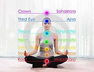 Woman practicing meditation with chakras marked