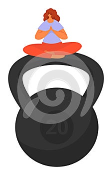Woman practicing meditation kettlebell, fitness balance strength concept. Female character yoga