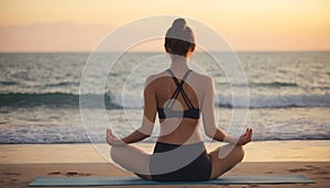 Woman Practicing Yoga on Beach at Sunset AI Generated