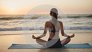 Woman Practicing Yoga on Beach at Sunset AI Generated