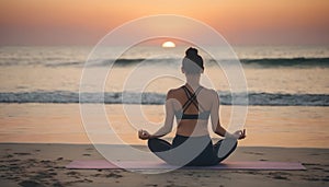 Woman Practicing Yoga on Beach at Sunset AI Generated