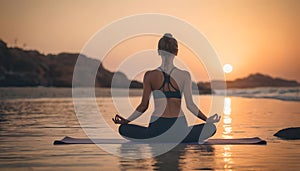 Woman Practicing Yoga on Beach at Sunset AI Generated